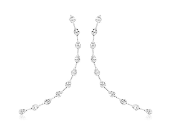 14K White Gold Diamond Illusion Drop Earrings Featuring 1.06CT Total Weight Round And Baguette Diamonds