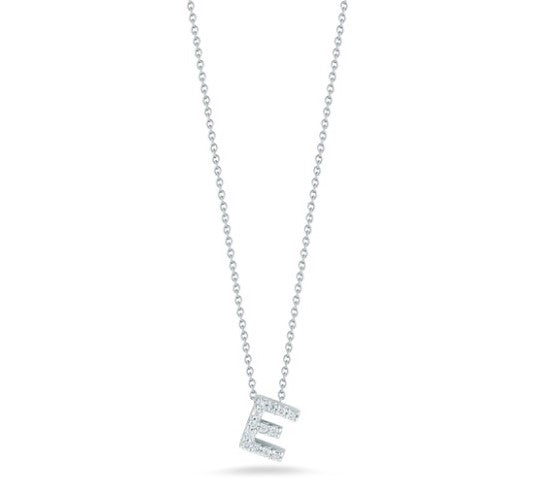 Roberto Coin 18K WHITE GOLD TINY TREASURES DIAMOND LOVE LETTER “E” NECKLACE