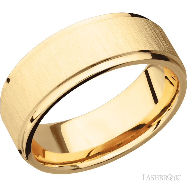 Lashbrook 8 Mm Wide Flat Grooved Edges 14K Yellow Gold Band. First Finish Cross Satin, Second Finish Polish.