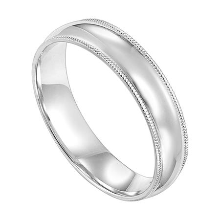 14K White Gold Low Dome Comfort Fit Wedding Band Featuring High Polish Finish And Milgrain Detail