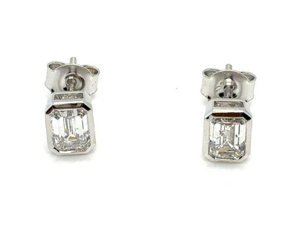 14K White Gold Diamond Emerald Cut Bezel Stud Earrings