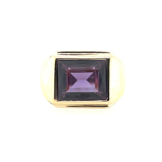14K Estate Yellow Gold Signet Ring Featuring Synthetic Emerald Cut Sapphire That Measures 12MM By 9.5MM