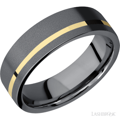 Lashbrook 7 Mm Wide/Flat/Tantalum Band With One 1 Mm Off Center Inlay Of 14K Yellow Gold. First Finish Sand, Second Finish Sand.