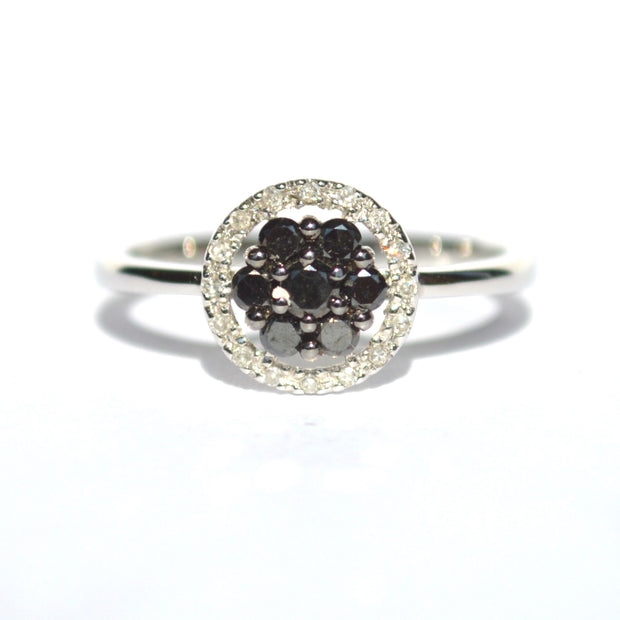 14K White Gold Diamond Cluster Ring Featuring Black Diamonds