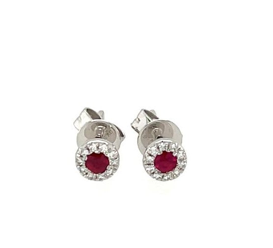 14K Diamond Cluster Halo Set Ruby Stud Earrings