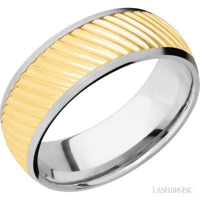 Lashbrook 8 Mm Wide/Domed/14K White Gold Band With One 6 Mm Centered Inlay Of 14K Yellow Gold With A Machined Ripple Pattern