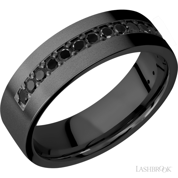 7 Mm Wide/Flat/Zirconium Band With A Half Eternity Arrangement Of .03 Carat Round Black Diamonds