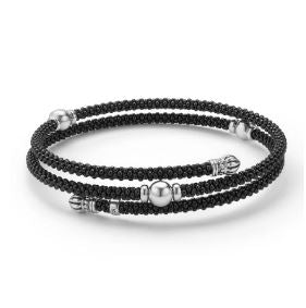 Black Ceramic Beaded Silver Station Double Wrap Bracelet