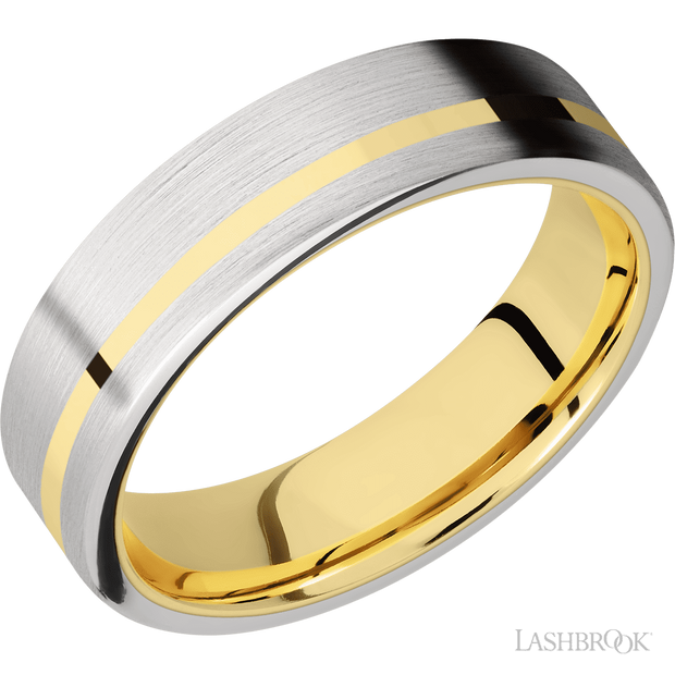 Lashbrook 6 Mm Wide/Flat/14K White Gold Band With One 1 Mm Off Center Inlay Of 14K Yellow Gold