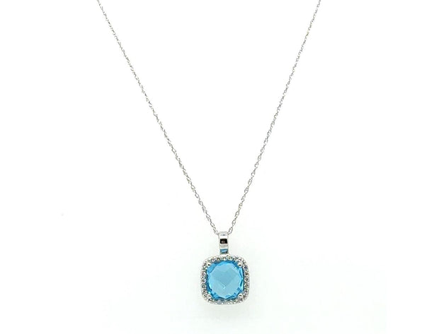 14K White Gold Blue Topaz and Diamond Halo Pendant