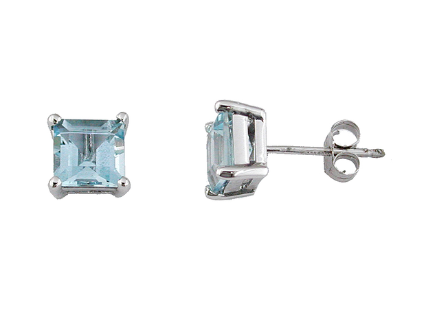 14K White Gold Princess Shape Aquamarine Stud Earrings