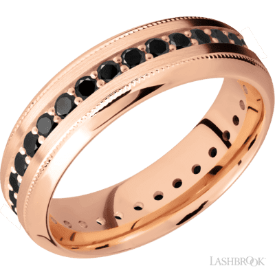 Lashbrook 7 Mm Wide/High Bevel Milgrain/14K Rose Gold Band With An Eternity Arrangement Of .03 Carat Round Black Diamonds