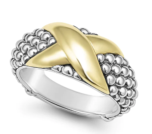 LAGOS: Sterling Silver And 18K Yellow Gold Caviar Wide Center X Band Ring. 9 Mm Tapers To 4Mm