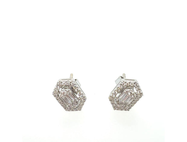 14K White Gold Diamond Stud Earrings Featuring A Collection Of Baguette And Round DIamonds For A Total Weight Of .29CT