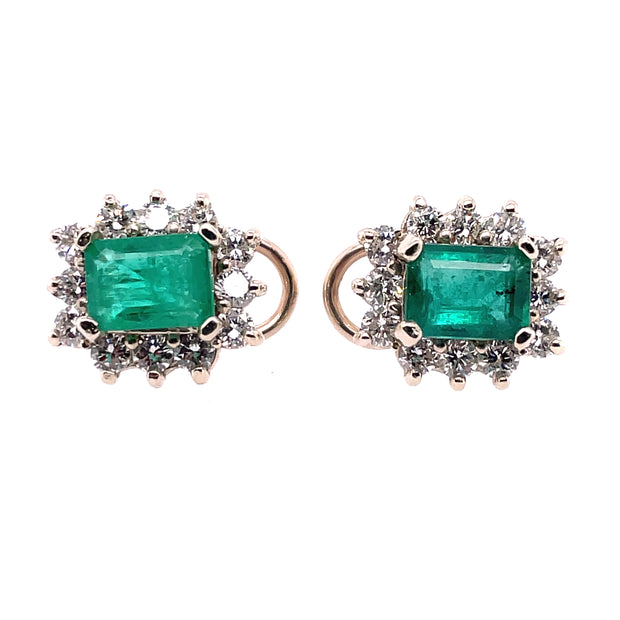 14K Yellow Gold Emerald And Diamond Earrings Featuring Omega Backs