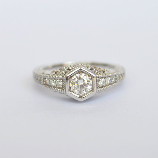 14K White Gold Art Deco Diamond  Engagement Ring