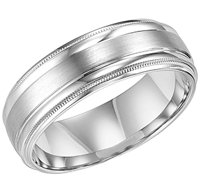 14K White Gold Comfort Fit Goldman Luxe Wedding Band Featuring Brushed Finish And Milgrain Detail