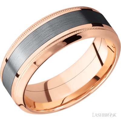 Lashbrook 8 Mm Wide/High Bevel Milgrain/14K Rose Gold Band With One 4 Mm Centered Inlay Of Tantalum.