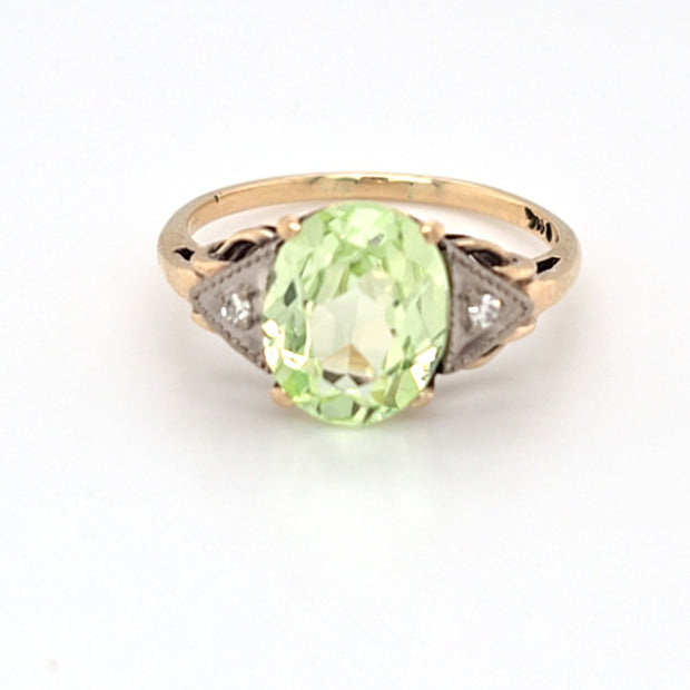 Estate 10K Two- Tone Yellow- White Gold Three Stone Diamond Peridot Ring