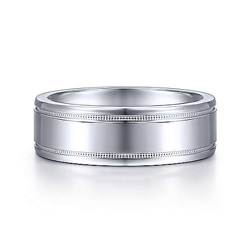 14K White Gold Gabriel & Co. Wedding Band Featuring Satin Finish And Milgran Detail