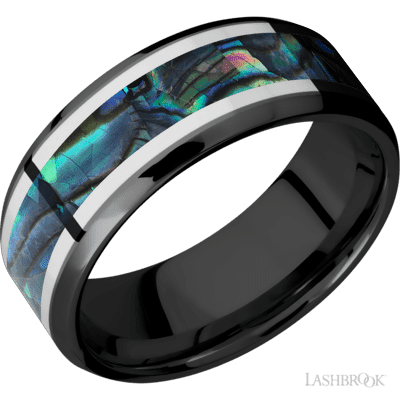 Lashbrook 8 Mm Wide/Beveled/Zirconium Band Featuring Inlays Of Sterling Silver And Abalone