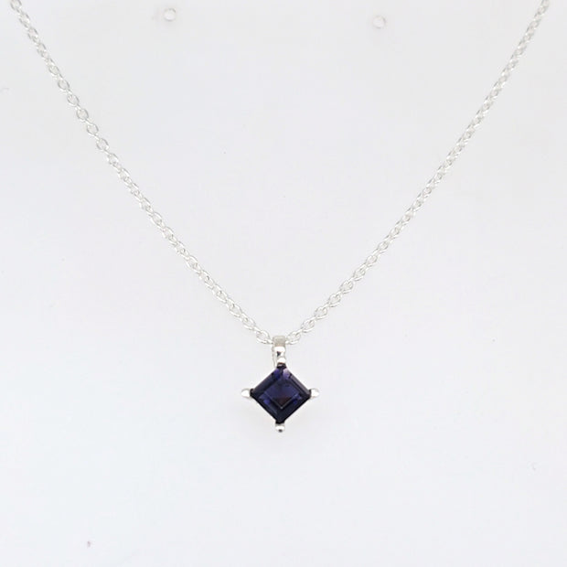 Sterling Silver 4.5x4.5MM Princess Shaped Iolite Prong Set Pendant 16"