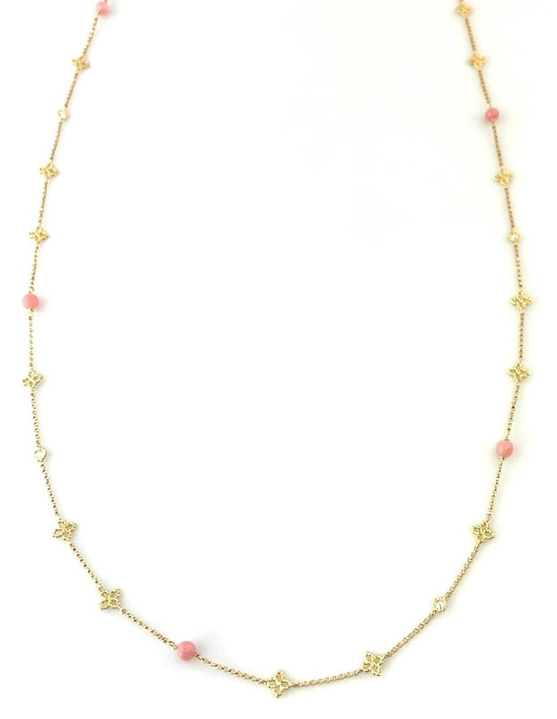 18K Yellow Gold Diamond Pink Opal Tiny Princess Necklace
