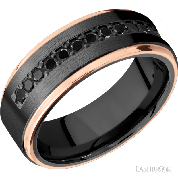 Lashbrook 8 Mm Wide/Flat Grooved Edges/Zirconium Band With A Half Eternity Arrangement Of .03 Carat Round Black Diamonds