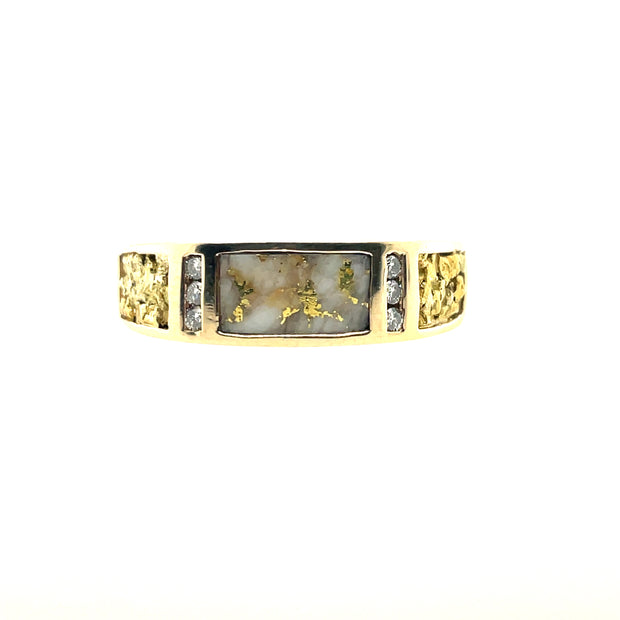 14K Yellow Gold Estate Ring Featuring Center Quartz With Gold Flecks, Gold Nugget Shoulder Detail, And Channel Set Diamonds