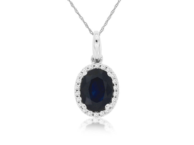 14K White Gold Sapphire And Diamond Halo Pendant