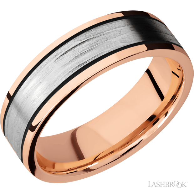 Lashbrook 7 Mm Wide/Flat/14K Rose Gold Band With One 4 Mm Centered Inlay Of 14K White Gold