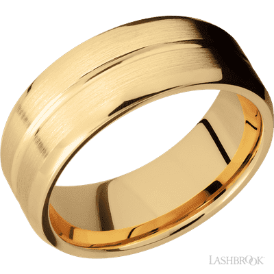 Lashbrook 8 Mm Wide Beveled With Center Accent Groove 14K Yellow Gold Band