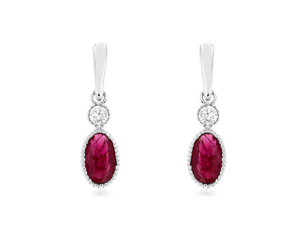 14K White Gold Diamond And Ruby Drop Earrings
