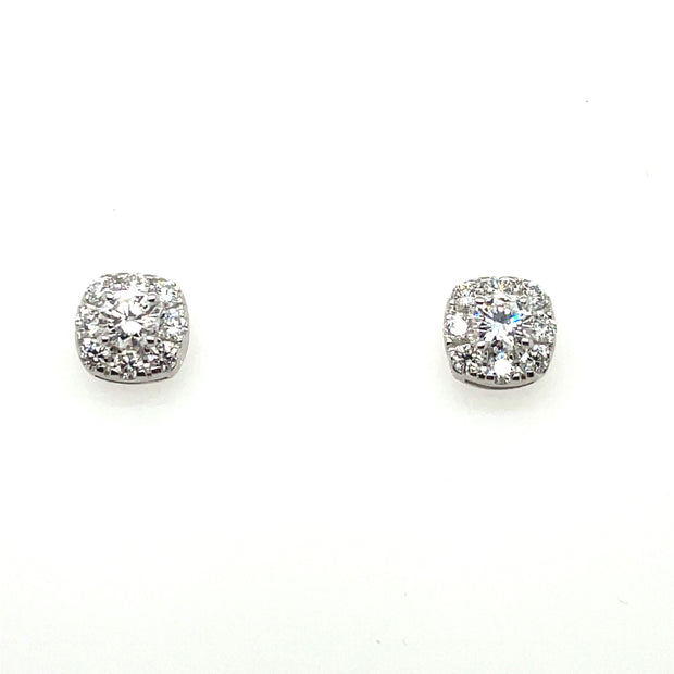 Pair Of 14K White Gold LAB GROWN Diamond Cluster Earrings Featuring 1.00CT Total Weight Diamonds At G/H Color And SI Clarity - 2 Round Center Diamonds At .25CT Each And Halo Of 18 Round Diamonds