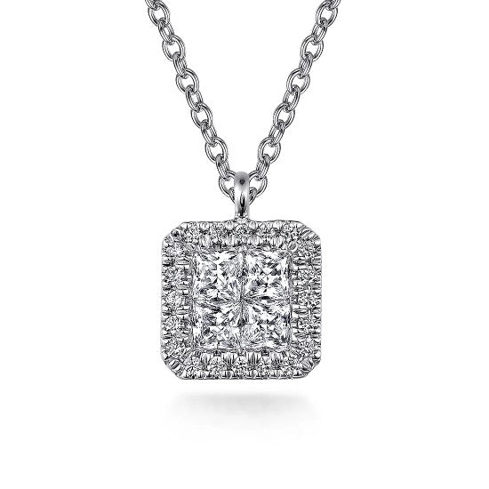 14K White Gold Square Cluster Diamond Pendant Necklace Featuring .56CT Total Weight Diamonds