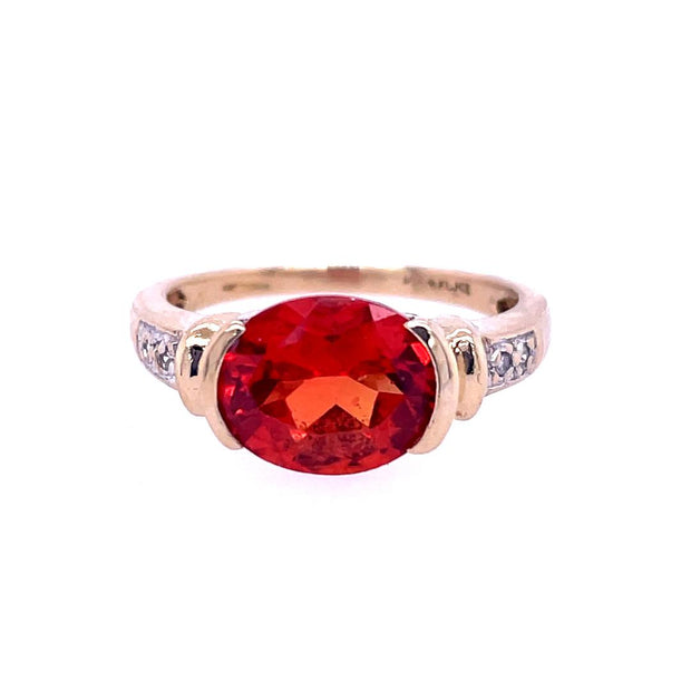 Estate 10K Yellow Gold Synthetic Orange Sapphire and Diamond Ring