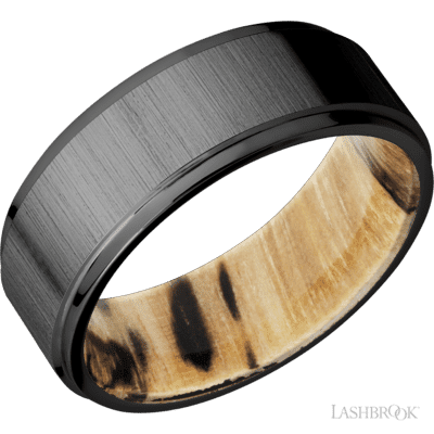 Lashbrook 8 Mm Wide Flat Grooved Edges Zirconium Band Featuring A Spalted Tamarind Sleeve