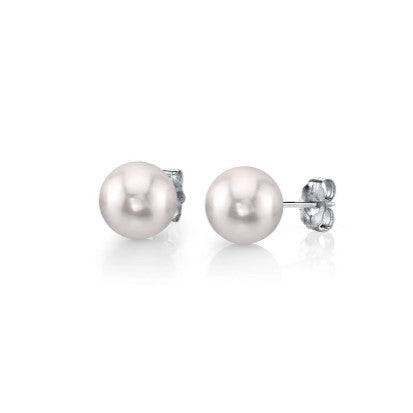 14K White Gold Stud Earrings Featuring 7.00-7.50MM Round Akoya Pearls