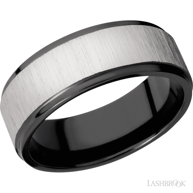 Lashbrook 8 Mm Wide Flat Grooved Edges Zirconium Band. First Finish Cross Satin Silver. Second Finish Polish.