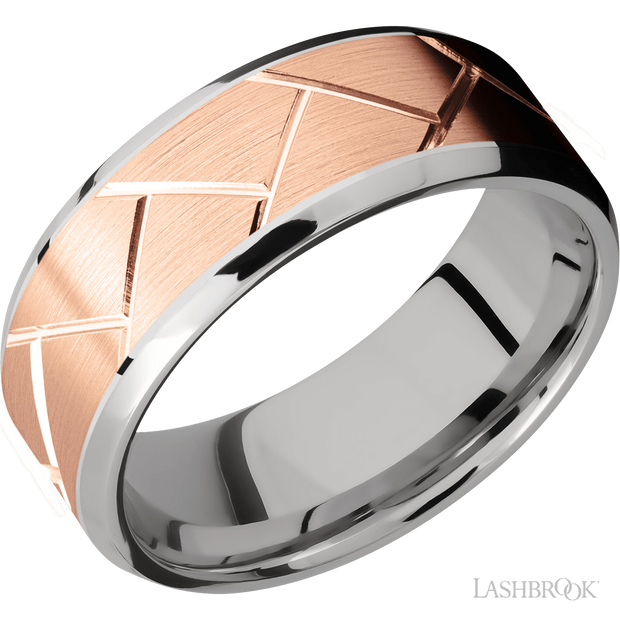 Lashbrook 8 Mm Wide/Beveled/14K White Gold Band With One 6 Mm Centered Inlay Of 14K Rose Gold