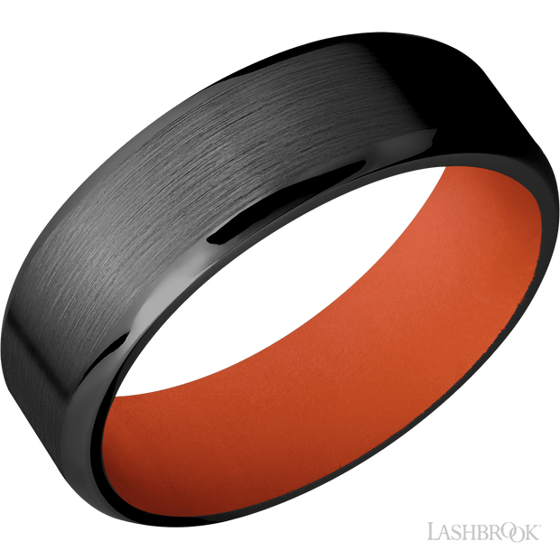 Lashbrook 7 Mm Wide Beveled Zirconium Band Featuring A Hunter Orange Sleeve