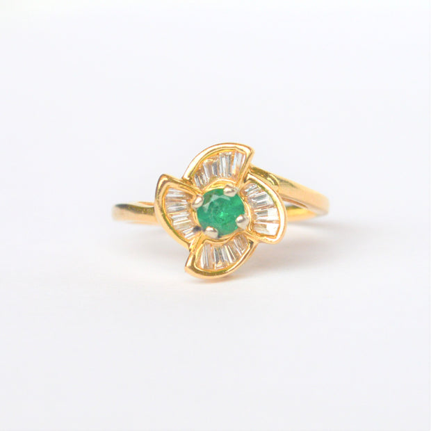 14K Yellow Gold Diamond Baguette Ballerina Ring Featuring Center Round Emerald
