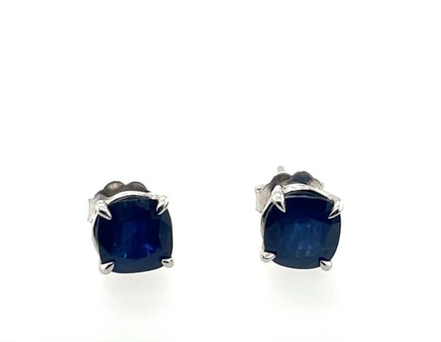 14K White Gold Cushion Sapphire Stud Earrings