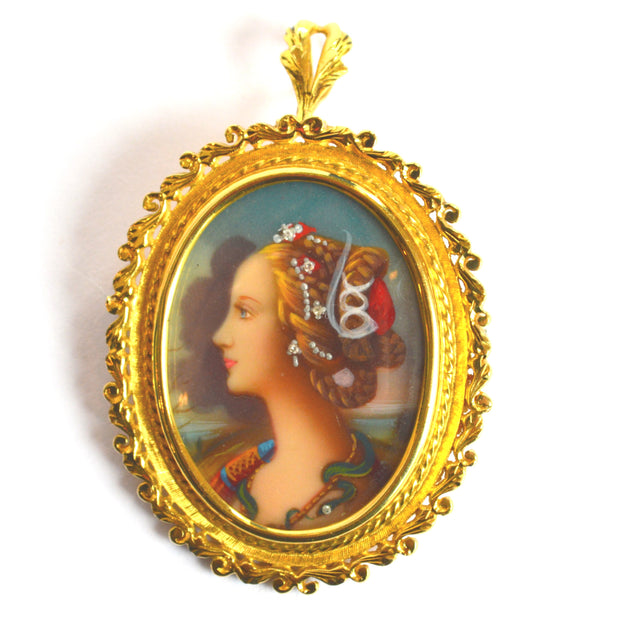 Estate Hand Painted Portrait Of A Woman With Snake Adornment Featuring 5 Diamonds Housed In 18K Yellow Gold Ornate Frame