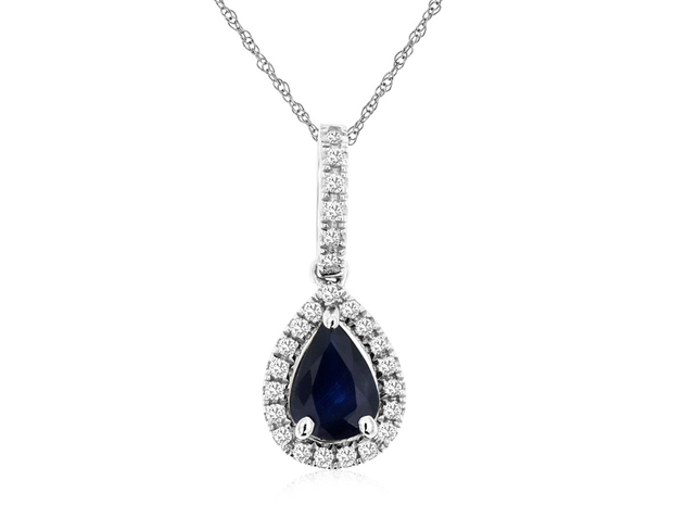 14K White Gold Sapphire Diamond Halo Pendant
