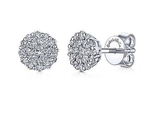 Gabriel & Co of NY 14 Karat White Gold Diamond Cluster Earrings Set With 0.52Tw Round Diamonds.