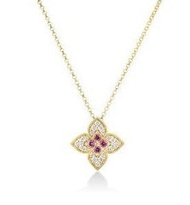 Roberto Coin 18K YELLOW GOLD VENETIAN PRINCESS CARNIVAL DIAMOND and RUBELLITE MEDIUM FLOWER NECKLACE
