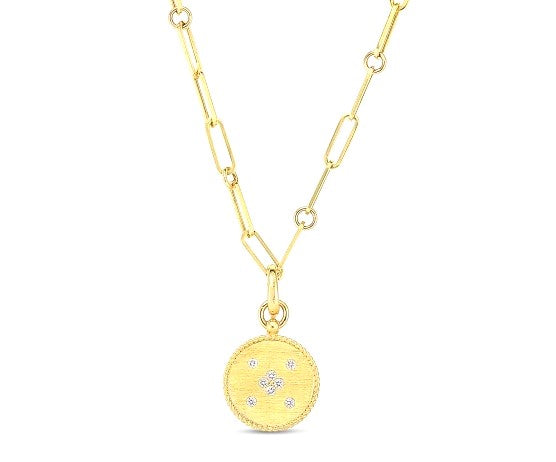 Roberto Coin 18K YELLOW GOLD VENETIAN PRINCESS DIAMOND & SATIN FINISH SMALL MEDALLION NECKLACE