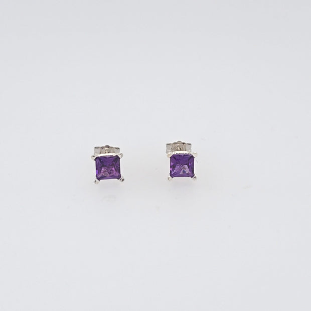 Sterling Silver 4.5x4.5MM Princess Shaped Amethyst Prong Set Earrings