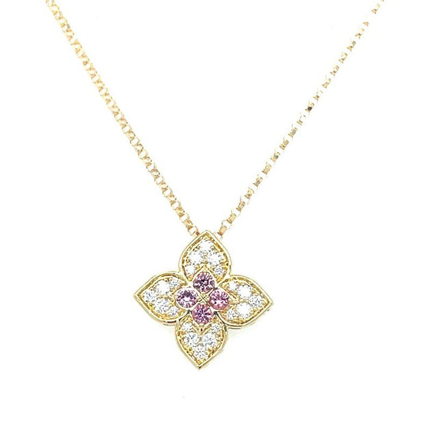 Roberto Coin 18K YELLOW GOLD VENETIAN PRINCESS CARNIVAL DIAMOND and RUBELLITE MEDIUM FLOWER NECKLACE